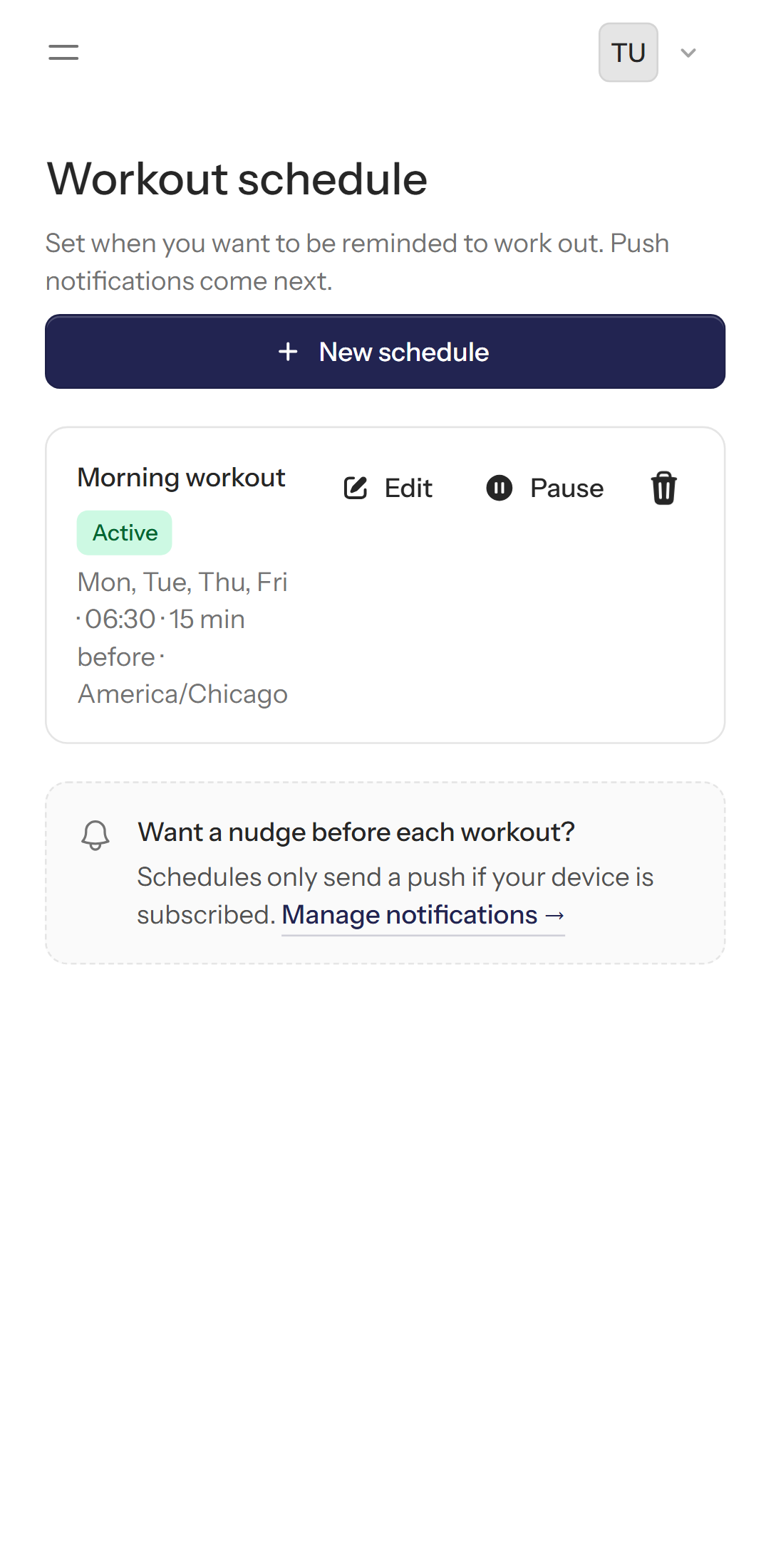 Workout schedule and reminders