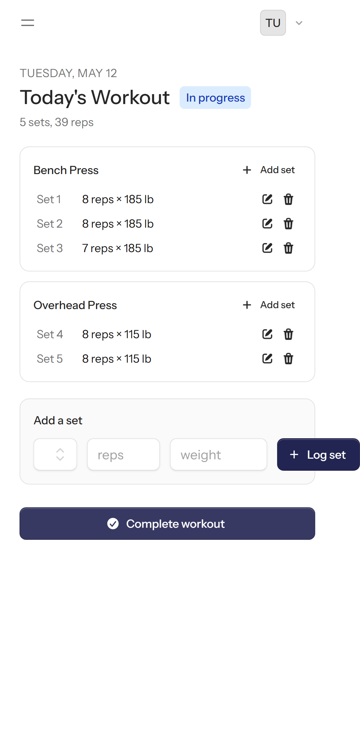 Today's workout — logging sets of Bench Press and Overhead Press